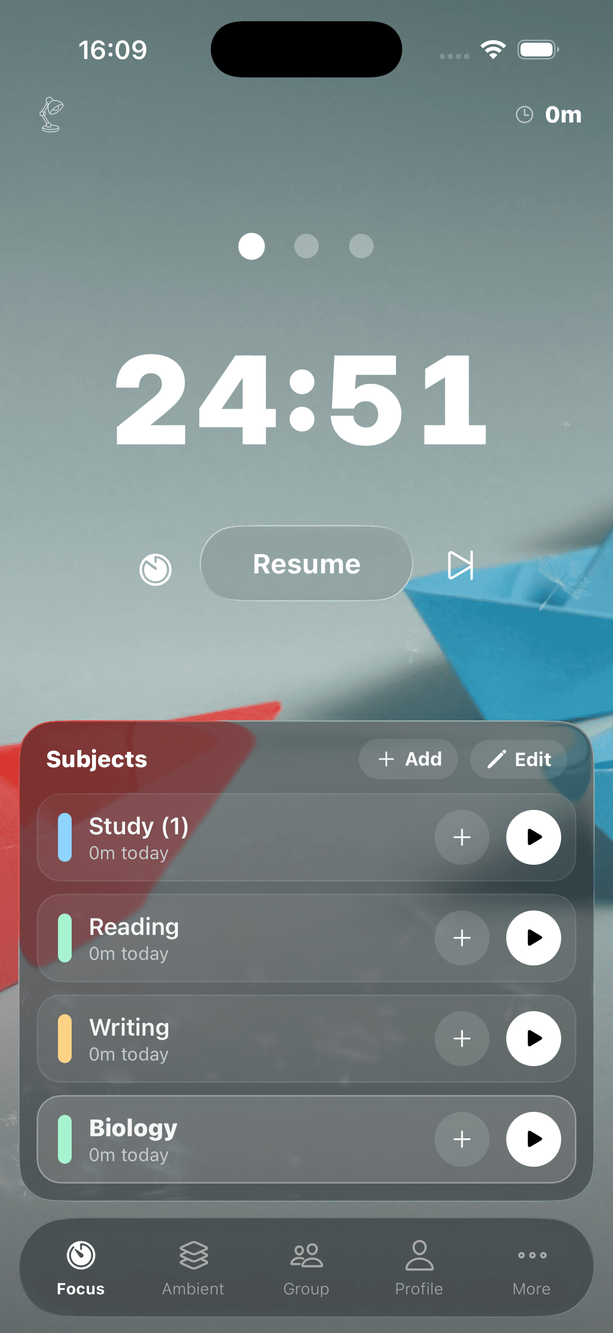 StudyFoc.us mobile main focus screen